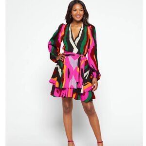 Megan Renee Tabitha Double Ruffle Mini Dress Large L Multicolor Abstract Print